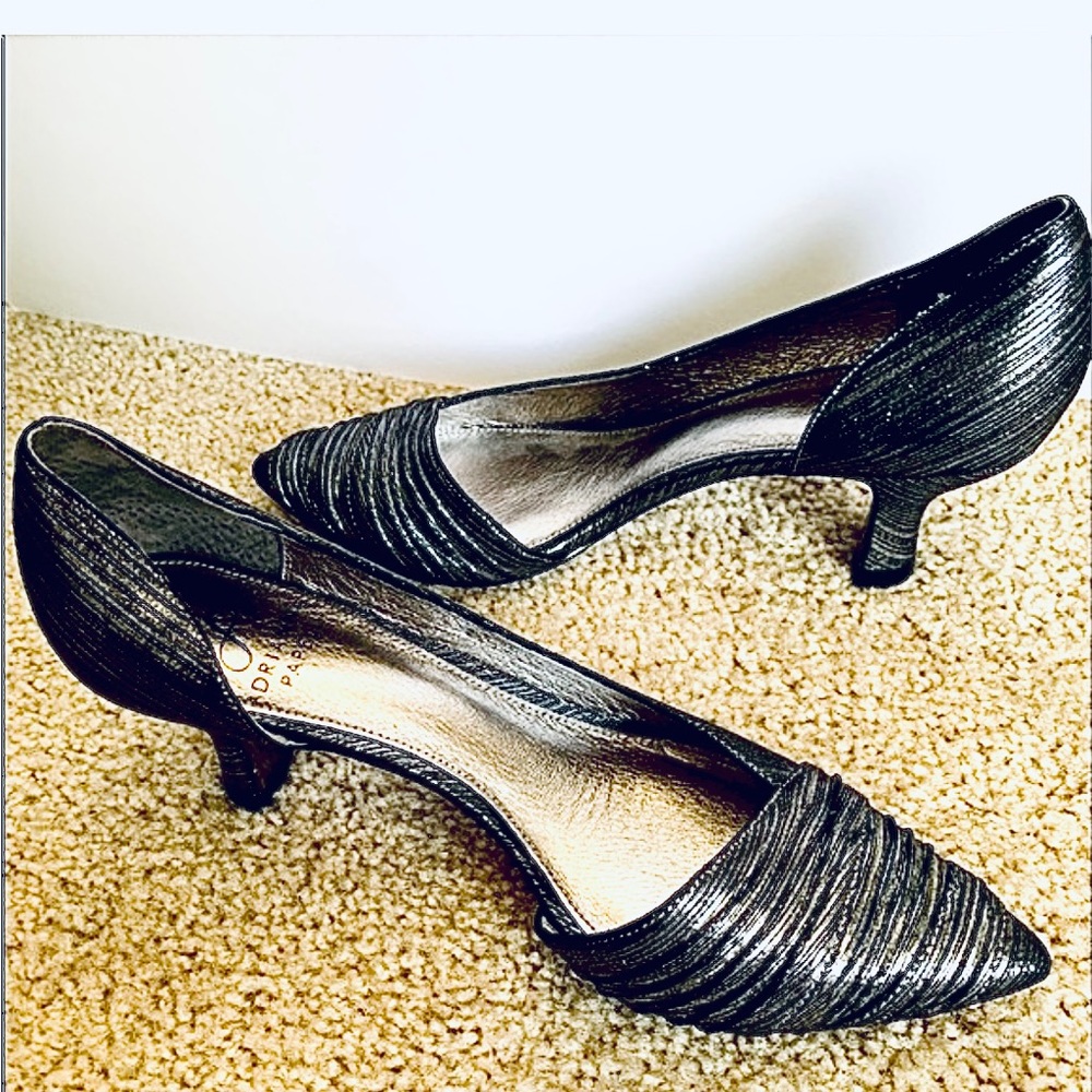 Adriana papell 6.5 Metallic rouched heel silver